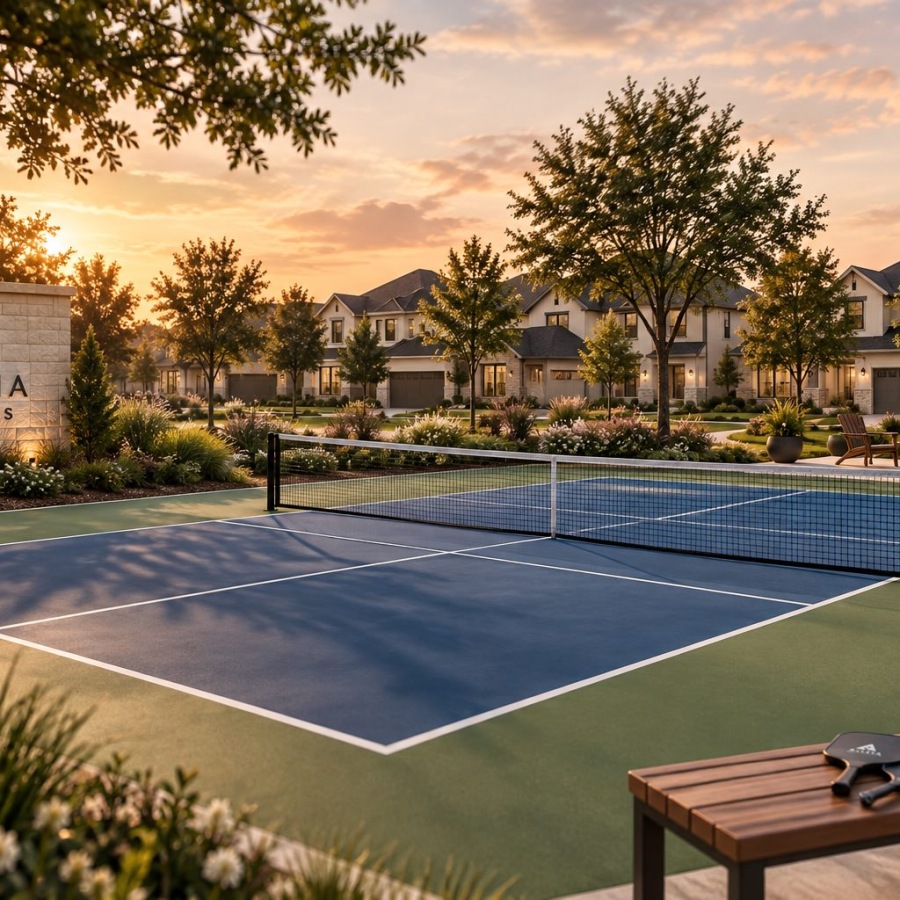 a tennis court with trees