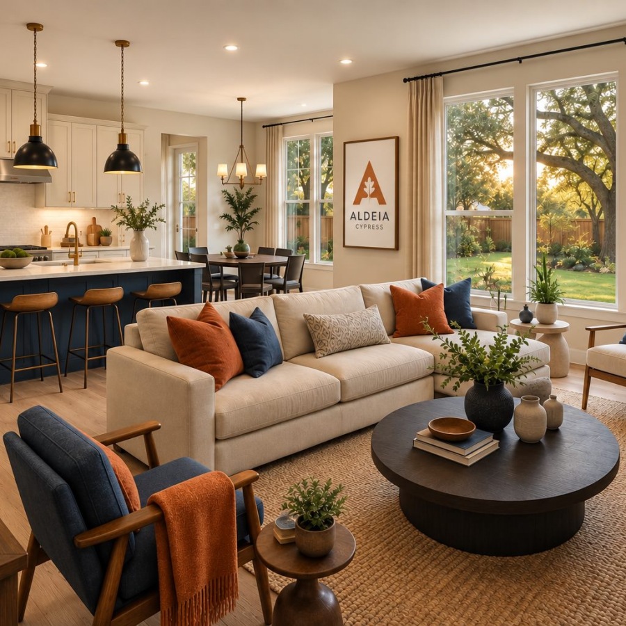 a living room with a couch, chair and coffee table