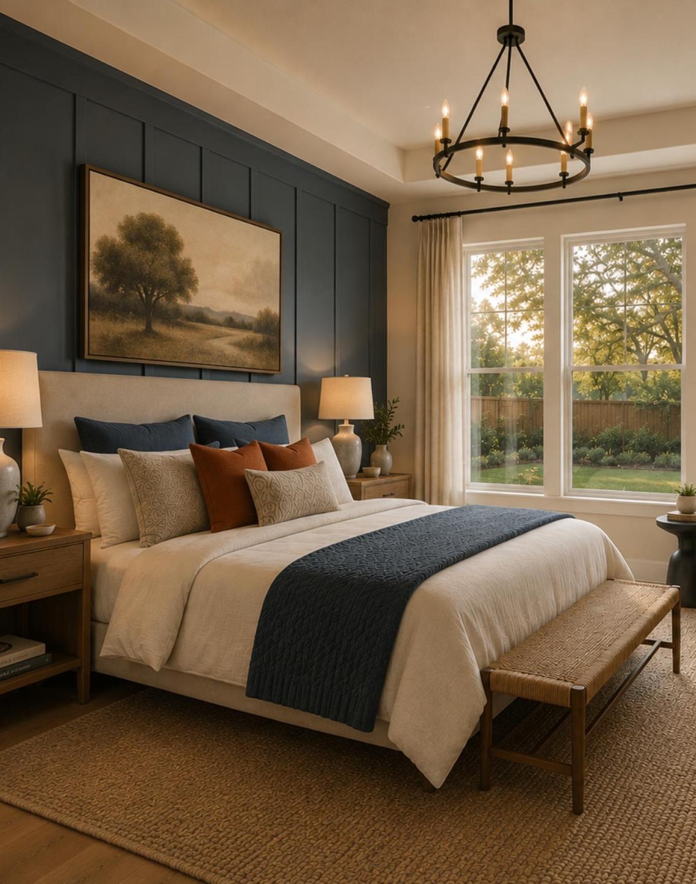 a bedroom with a large window